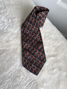 Vintage Pierre Balmain Couture 100% Silk Tie Red Blue Geometric Diamond Luxury